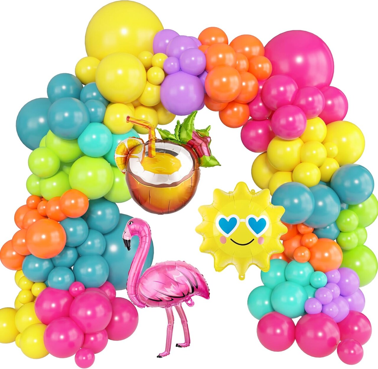 164pcs Summer Tropical Balloon Arch Garland Kit – Rainbow Hot Pink, Green, Orange, Blue & Purple Balloons with Sun, Coconut & Flamingo Foils for Hawaiian Luau, Aloha, Baby Shower & Birthday Party Decorations